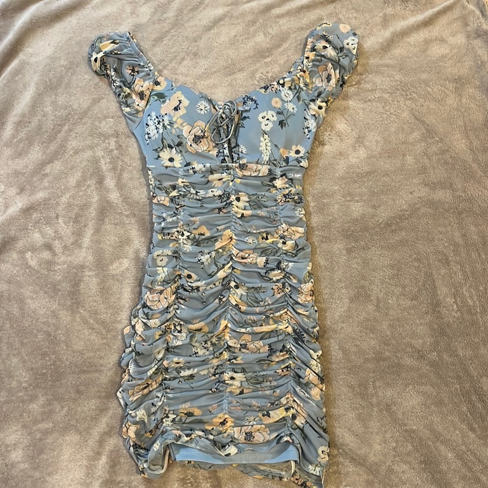 blue floral ruched dress